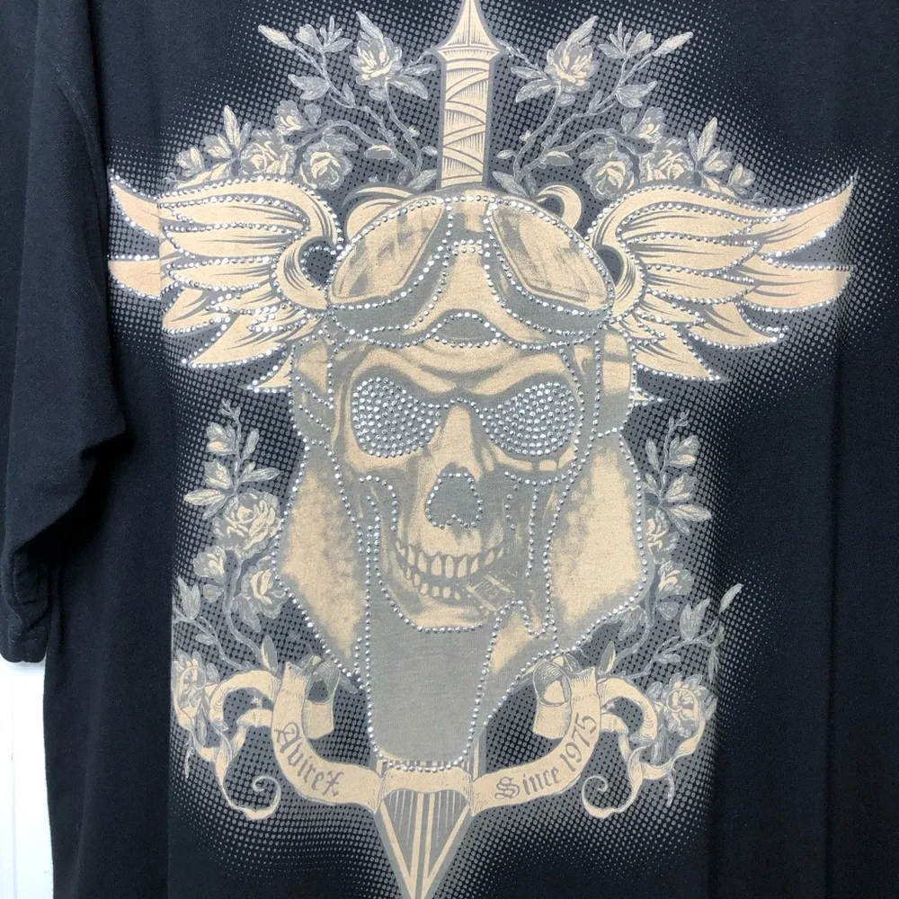 Avirex Cotton Black Tan Studded Skull Winged Shoulder Rivet Oversized T-shirt XL - Picture 3 of 10